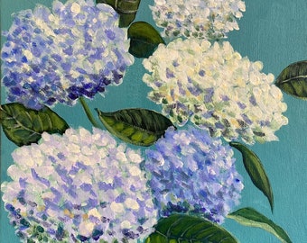 Blue and White Hydrangeas on Teal Background. Original still life flower painting. Canvas board (12” x 10”)