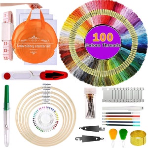 Embroidery Kit Starter Pack 100 Colours Bamboo hoops Embroidery Craft Gift - DIY Craft at home kit