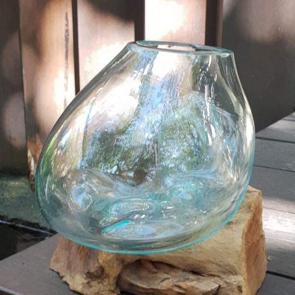 Artisan Vase Molten Glass on Wood - Bowl Vase Planter Gamal Wood (Gliricidia Sepium) & Recycled Glass Hand Made in Bali