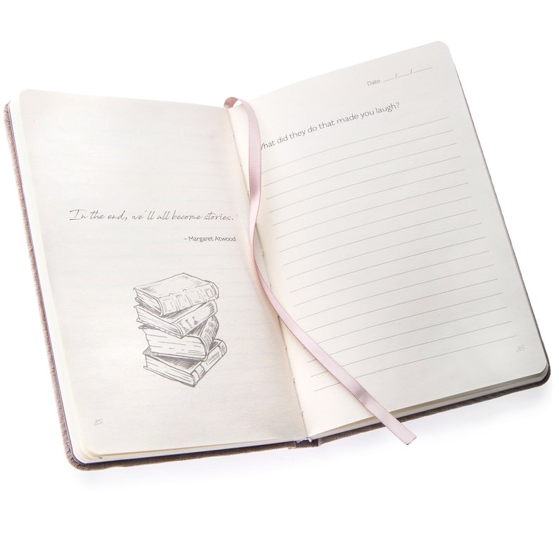 May include: An open journal with a pink ribbon bookmark. The left page features a quote by Margaret Atwood: "In the end, we'll all become stories."  The right page has the prompt: "What did they do that made you laugh?"