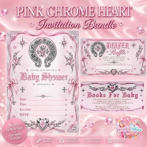 May include: A pink chrome heart baby shower invitation bundle featuring three digital templates with metallic silver accents, star motifs, and bows. The text includes "Pink Chrome Heart Invitation Bundle," "Baby Shower," "Diaper Raffle," and "Books For Baby" with fillable lines for event details.