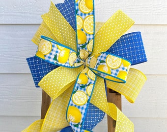 Summer Lemon Wreath Bow, Yellow Summer Wreath Bow, Lemon Wreath Bow, Lantern Bow, Lemon Plaid Lantern Bow, Summer Bow, Country Lemon Bow