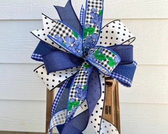 Summer Plaid Wreath Bow, Blue Summer Wreath Bow, Blueberry Wreath Bow, Lantern Bow, Blue Plaid Lantern Bow, Summer Bow, Country Wreath Bow