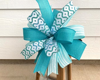 Nautical Wreath Bow, Turquoise Bow, Coastal Wreath Bow, Beach Wreath Bow, Nautical Lantern Bow, Summer Bow for Wreath, Door Hanger Bow