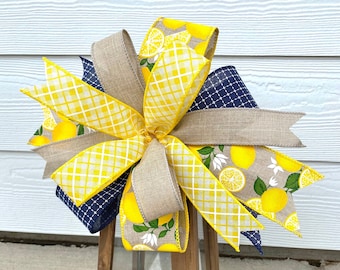 Summer Lemon Navy Plaid Bow, Yellow Summer Wreath Bow, Lemon Wreath Bow, Lantern Bow, Lemon Plaid Lantern Bow, Summer Bow, Country Lemon Bow