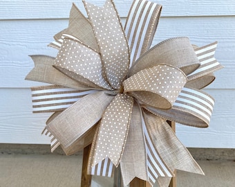 Beige Farmhouse Lantern Bow, Everyday Wreath Bow, Farmhouse Wedding Bow, Neutral Door Hanger Bow, Everyday Lantern Bow, Beige Striped Bow