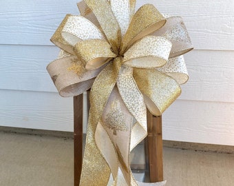 Large Gold Christmas Tree Topper Bow, Large Gold Christmas Lantern Bow, Elegant Gold Ivory Bow, Gold Glitter Bow, Elegant Holiday Bow