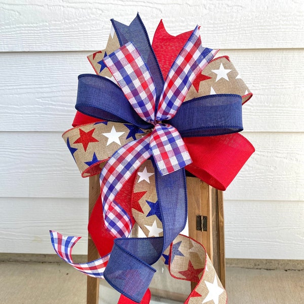 Fourth of July Wreath Bow, Patriotic Wreath Embellishment, Summer Wreath Bow, Door Hanger Bow, 4th of July Lantern Bow, Red and Blue Bow