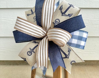 Navy Plaid Bow, Nautical Bow, Blue Plaid Bow, Wreath Bow, Door Hanger Bow, Lantern Bow, Spring Wreath Bow, Summer Wreath Bow, Coastal Bow