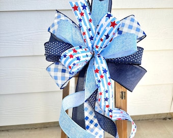 Fourth of July Wreath Bow, Patriotic Wreath Embellishment, Summer Wreath Bow, Door Hanger Bow, 4th of July Lantern Bow, Blue Patriotic Bow