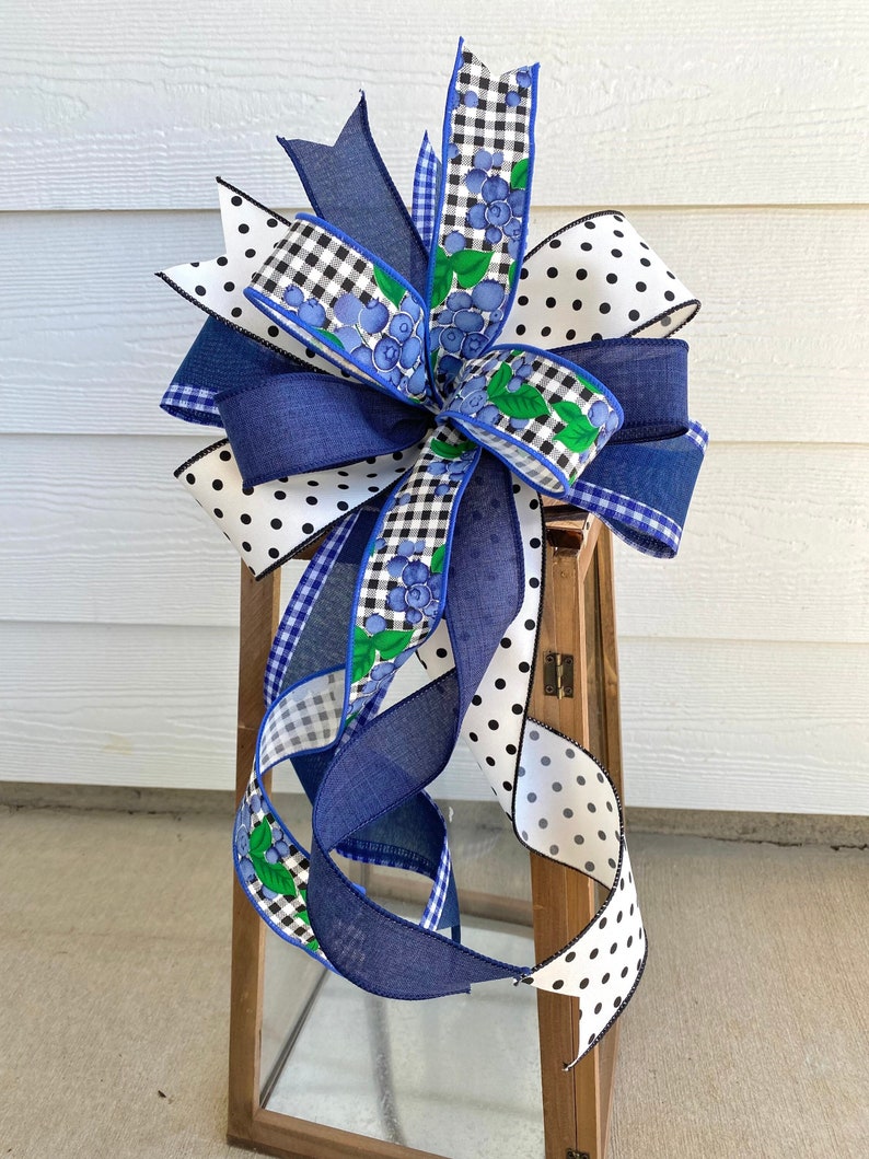 Summer Plaid Wreath Bow, Blue Summer Wreath Bow, Blueberry Wreath Bow, Lantern Bow, Blue Plaid Lantern Bow, Summer Bow, Country Wreath Bow image 1