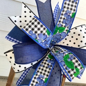 Summer Plaid Wreath Bow, Blue Summer Wreath Bow, Blueberry Wreath Bow, Lantern Bow, Blue Plaid Lantern Bow, Summer Bow, Country Wreath Bow image 2