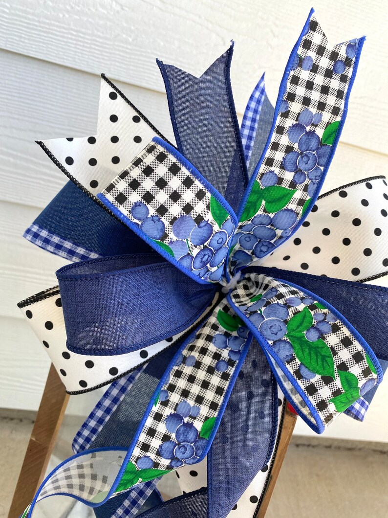 Summer Plaid Wreath Bow, Blue Summer Wreath Bow, Blueberry Wreath Bow, Lantern Bow, Blue Plaid Lantern Bow, Summer Bow, Country Wreath Bow image 2