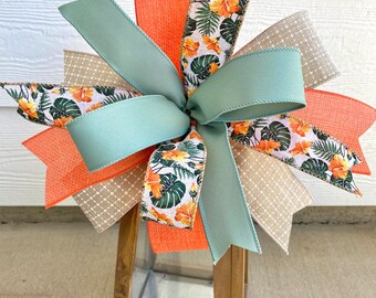 Nautical Wreath Bow, Coral Bow, Coastal Wreath Bow, Beach Wreath Bow, Coral and Sage Bow, Summer Wreath Bow, Door Hanger Bow