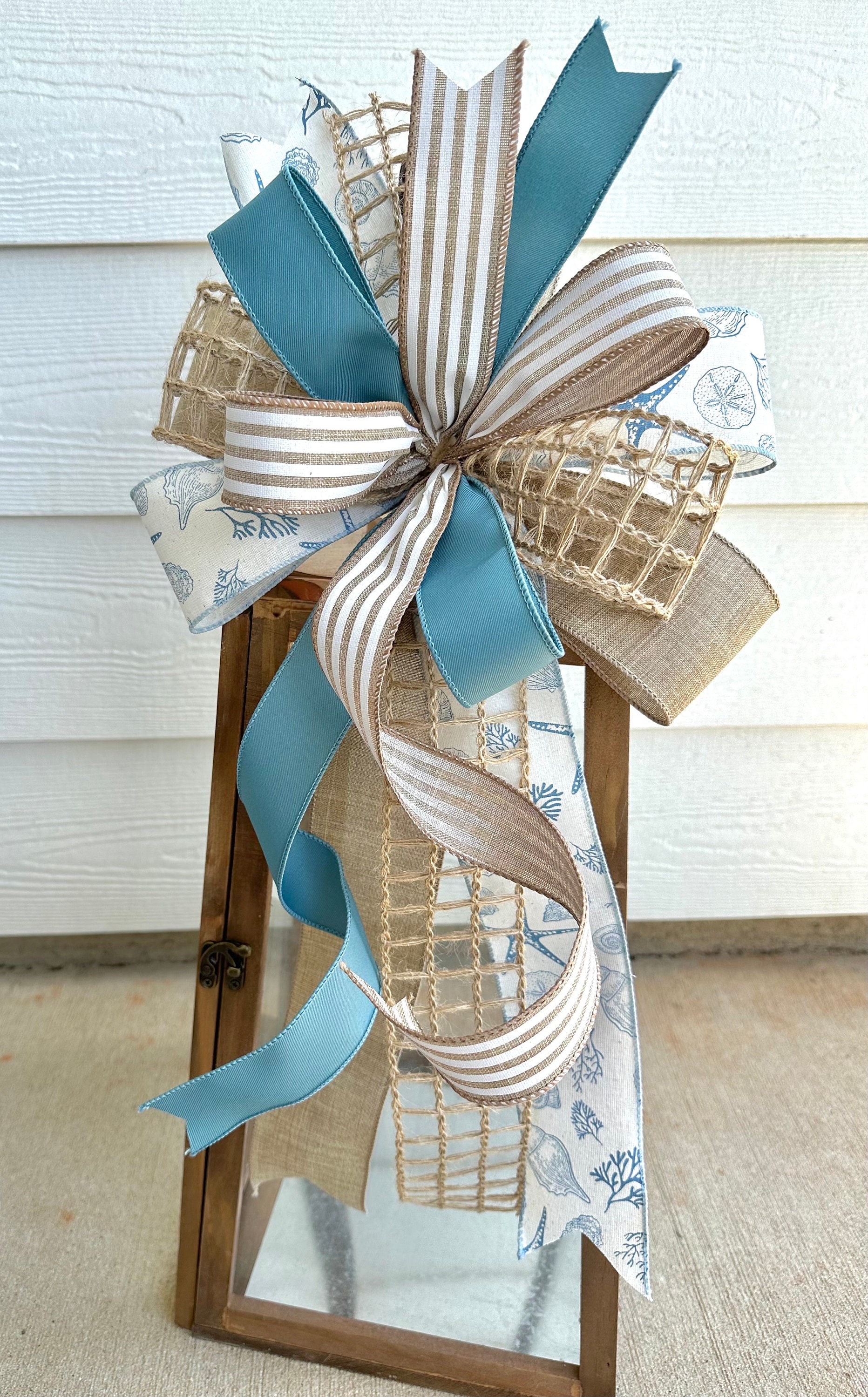 Blue Nautical Bow, Coastal Bow, Blue Striped Bow, Nautical Wreath Bow, Door Hanger Bow, Beach Lantern Bow, Navy Anchor Bow, Summer Wreath