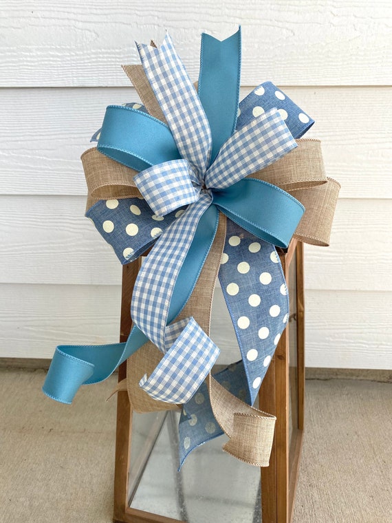 Blue Denim Burlap Ribbon Bow, Farmhouse beige Blue Wreath Bow, Rustic blue  Denim Burlap door Bow, Denim blue door Bow, Farmhouse Lantern Bow