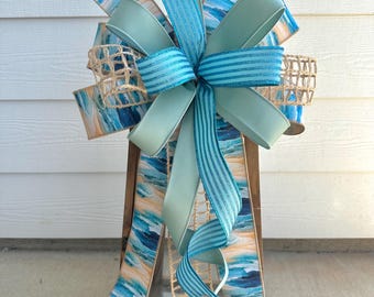 Blue Nautical Bow, Coastal Bow, Blue Striped Bow, Nautical Wreath Bow, Door Hanger Bow, Beach Lantern Bow, Beach Wreath Bow, Summer Wreath