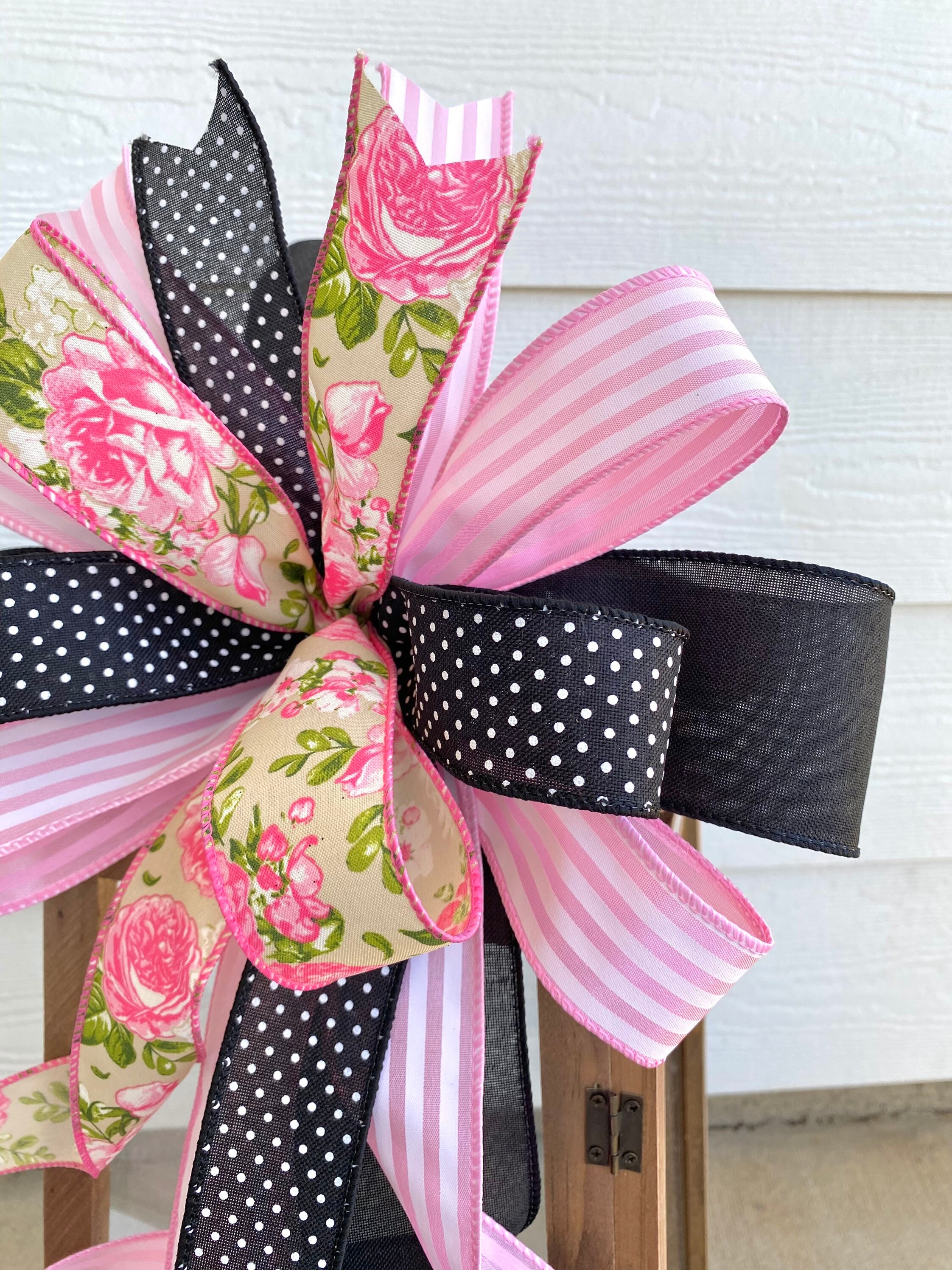 Pink and Black Wreath Bow, Spring Wreath Embellishment, Spring Wreath ...