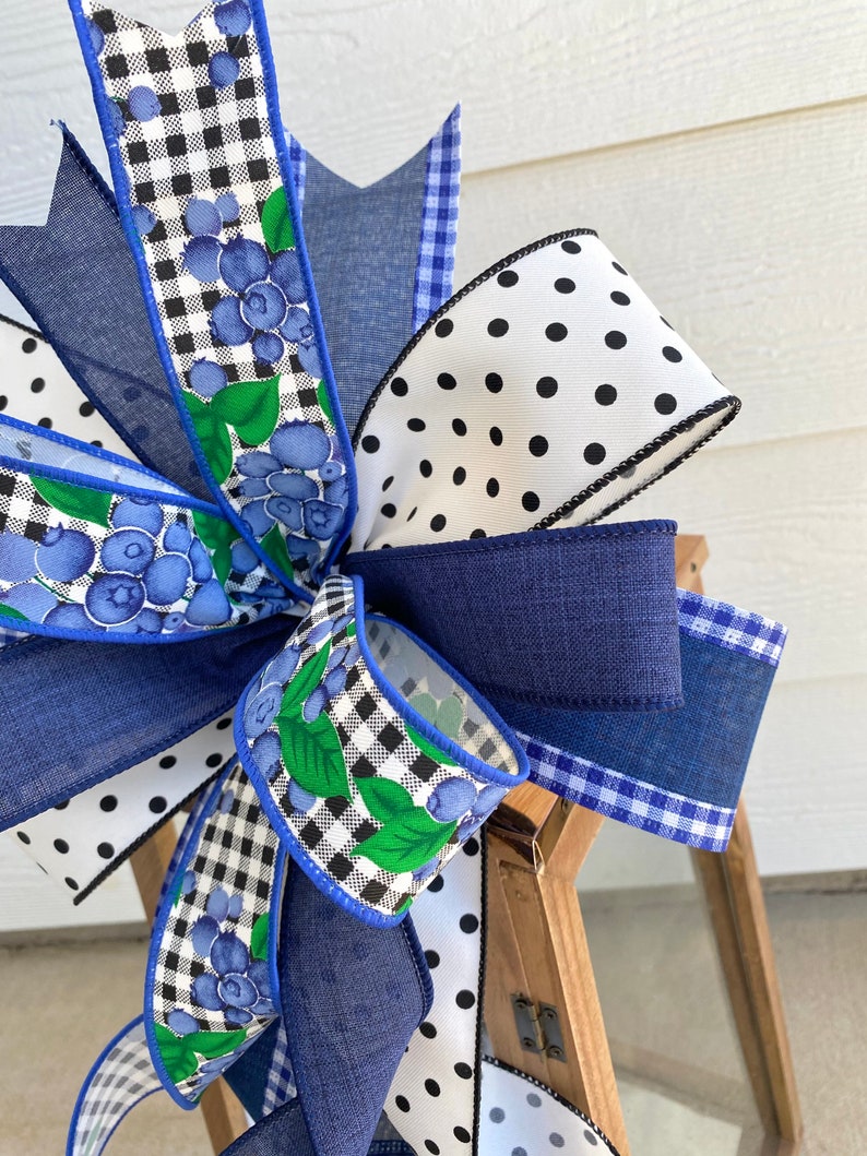 Summer Plaid Wreath Bow, Blue Summer Wreath Bow, Blueberry Wreath Bow, Lantern Bow, Blue Plaid Lantern Bow, Summer Bow, Country Wreath Bow image 5