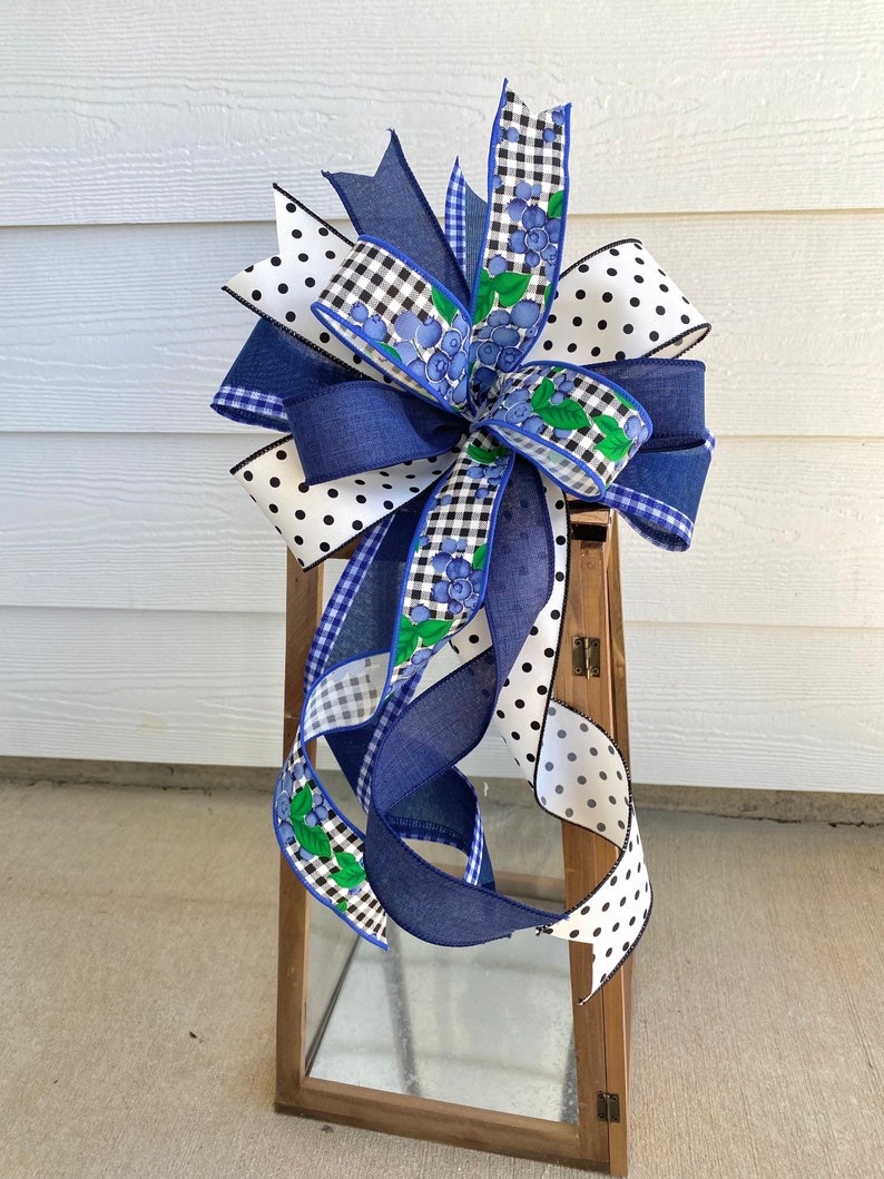 Summer Plaid Wreath Bow, Blue Summer Wreath Bow, Blueberry Wreath Bow, Lantern Bow, Blue Plaid Lantern Bow, Summer Bow, Country Wreath Bow image 7