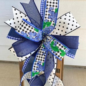 Summer Plaid Wreath Bow, Blue Summer Wreath Bow, Blueberry Wreath Bow, Lantern Bow, Blue Plaid Lantern Bow, Summer Bow, Country Wreath Bow image 4