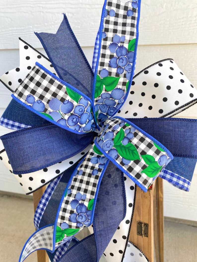 Summer Plaid Wreath Bow, Blue Summer Wreath Bow, Blueberry Wreath Bow, Lantern Bow, Blue Plaid Lantern Bow, Summer Bow, Country Wreath Bow image 3