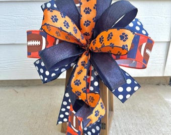 Football Wreath Bow, Navy and Orange Wreath Bow, College Lantern Bow, Tailgating Decor, Football Tailgating Decor, Paw Print Bow