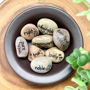 Botanical painted rocks Scripture Encouraging words home decor spring gift for mom gift for friend positive words Philippians 4:8 verse