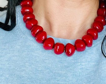 Chunky Red beaded necklace for summer delicate red necklace 4th of July accessory versatile jewelry for all ages one of a kind gift unique