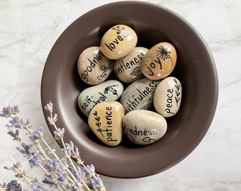 Fruit of the Spirit Art Inspirational Painted Rocks Spring Home Decor Botanical Motif Positive Words Scripture Encouraging Gift for Mom