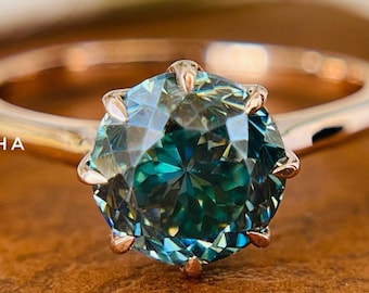 14K Rose Gold Unique 2.79 TCW Portuguese Cut 8.50 MM Blue Color Moissanite Engagement Ring, Wedding Ring, Promise Ring, valentines gift
