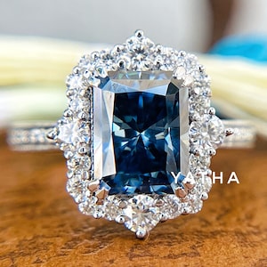 Rare 2.29 CT Radiant Brilliant Cut Deep Blue Moissanite Engagement Ring,14k White Gold Wedding Ring, Engagement Ring, Valentines Gift