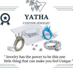 Op de afbeelding: Een close-up van een 3D-geprint ringontwerp, een schets van een ring en een afgewerkte ring met diamanten. De afbeelding wordt vergezeld door de tekst "YATHA CUSTOM JEWELRY" en de quote "Sieraden hebben de kracht om dat ene kleine ding te zijn dat je uniek laat voelen."