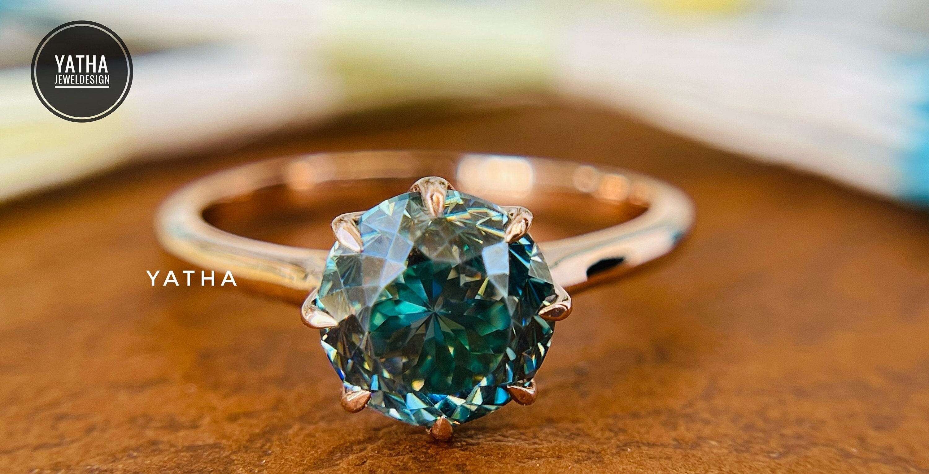 14K Rose Gold Unique 2.79 TCW Portuguese Cut 8.50 MM Blue Color Moissanite Engagement Ring, Wedding Ring, Promise Ring, valentines gift