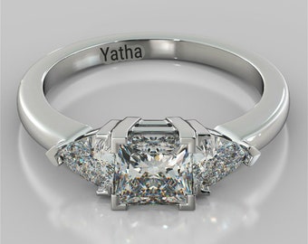 Princess Cut Three-Stone Ring With Trillion Cut 925 Sterling Silver , 10K 14K 18K White Gold , Yellow Gold Engagement , Valentines Day
