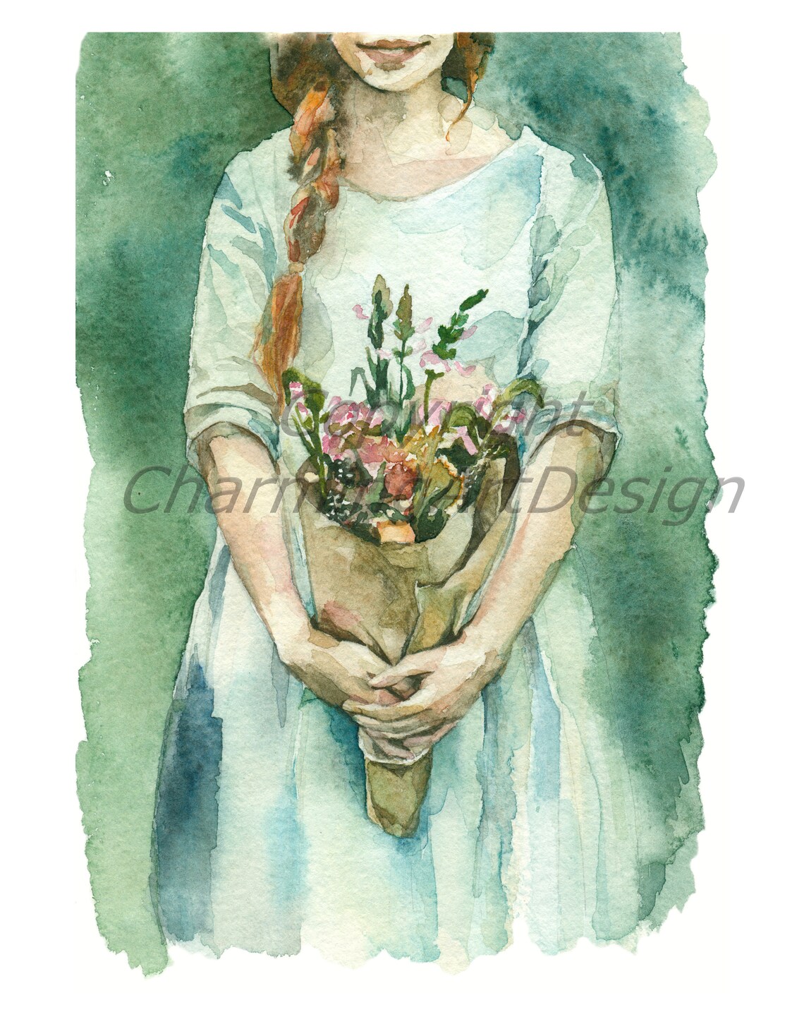 Girl holding a bouquet of flowers watercolor digital artBoho Etsy