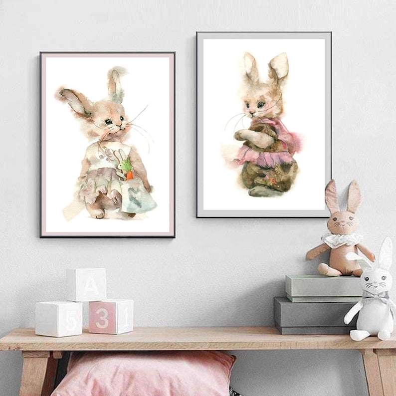 Baby Bunny Print Nursery Decor Nursery Wall Art Baby Shower Gift Personalized Gift for Girls sublimation Watercolor Rabbit Print,PNG