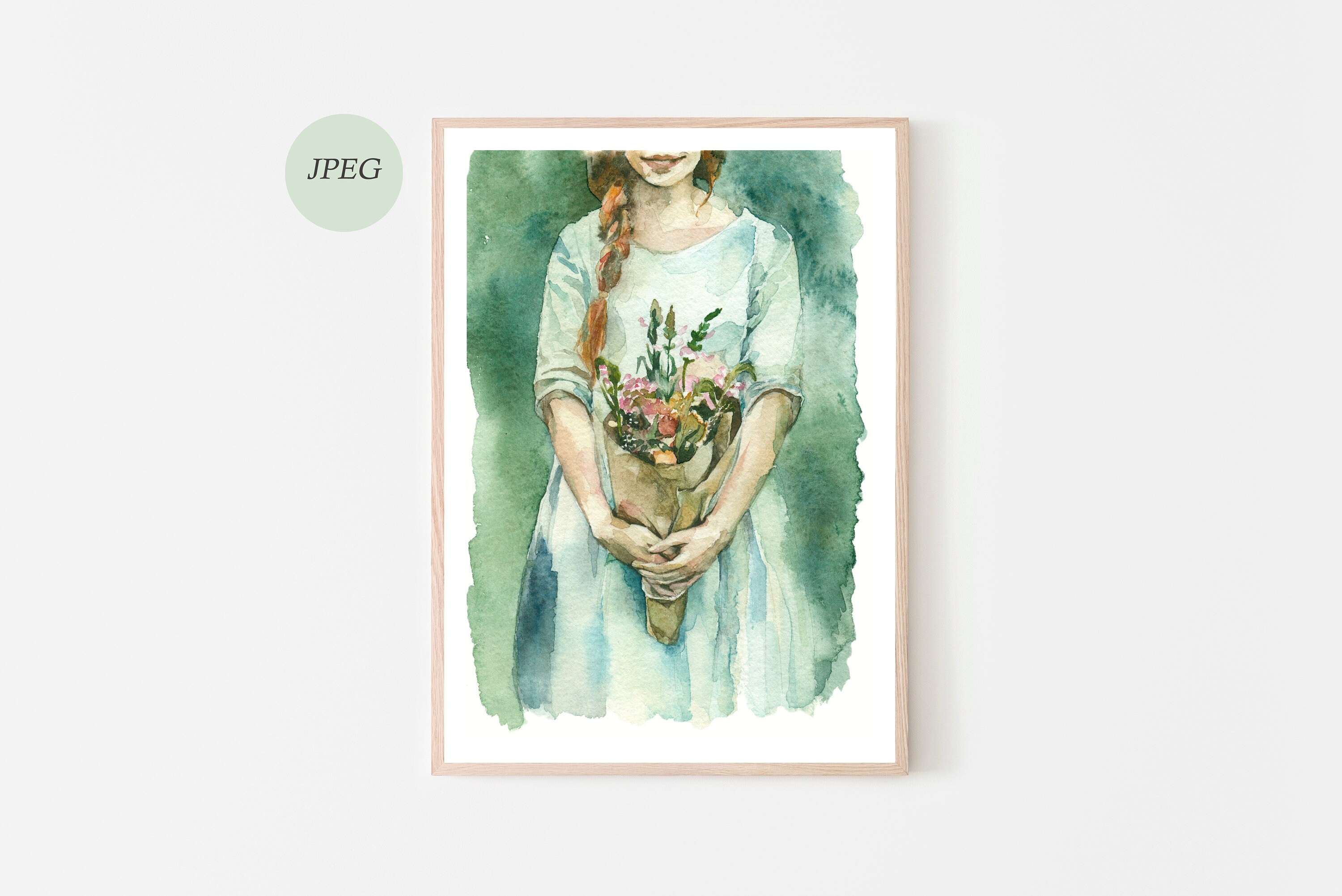 Girl holding a bouquet of flowers watercolor digital artBoho Etsy