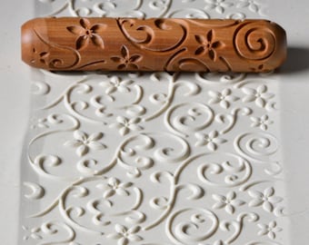 Pottery Hand Roller / Clay Texture Tool - Flowers and Vines R12