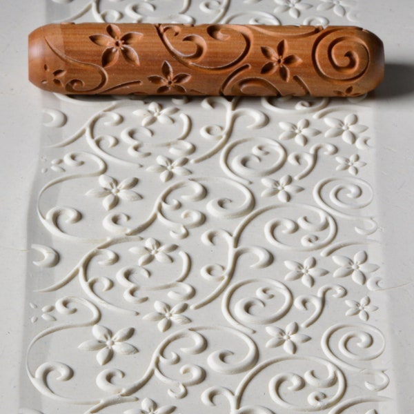 Pottery Hand Roller / Clay Texture Tool - Flowers and Vines R12