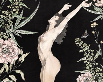Femme Art Print / Floral Female Illustration / Tarot Art / "The High Priestess"
