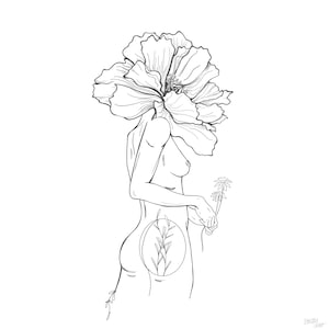 Downloadable Floral Woman Line Art Print // Female Line Drawing Wall Art // Line Drawing Illustration Female Form