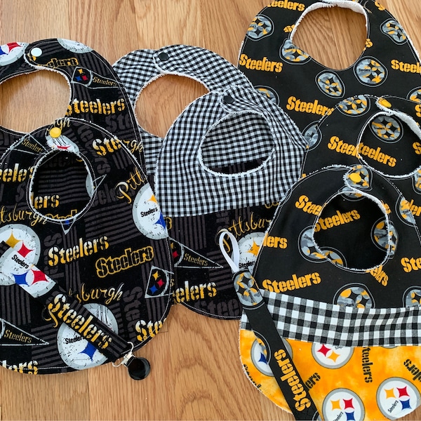 Pittsburgh Steelers Baby Gifts - Bibs with and without Pacifier Clip and Lovey Blanket