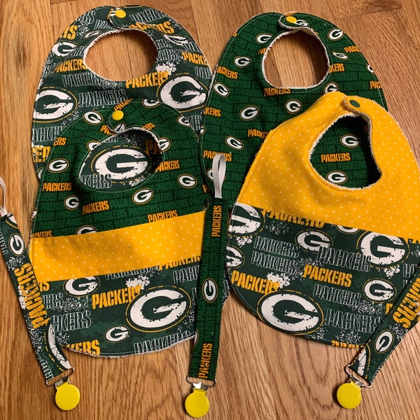 Green Bay Packers Gear for Baby - Bibs in various patterns with and without pacifier clip, lovey blankets and burp pads