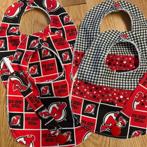 New Jersey Devils Baby Gifts - Bibs with and without pacifier clips