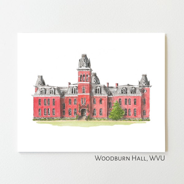 West Virginia University Watercolor, Woodburn Hall Painting, Mountaineers, Graduation Gift Art, Graduate or Alumni