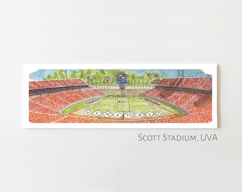 UVA Football Stadium Print, University of Virginia Art, Virginia Cavaliers, Watercolor Panorama Print, Scott Stadium, UVA Alumni Gift
