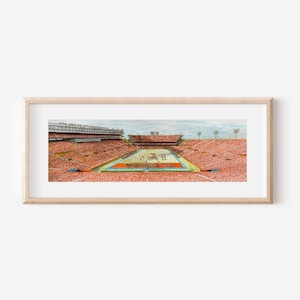 May include: A framed watercolor print of a football stadium filled with orange-clad fans. The field is green with the word "FLORIDA" in the center. The stadium has multiple levels of seating and is under a cloudy sky.