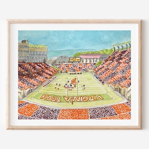 Virginia Tech Watercolor Art Print, Virginia Tech Hokies Football Illustration, Virginia Tech Alumni, Lane Stadium