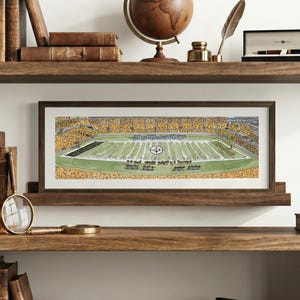 May include: A rectangular framed print featuring a detailed illustration of a football stadium with a green field, yard lines, and a crowd of spectators in yellow and black. The artwork is displayed in a dark wood frame on a wooden shelf.